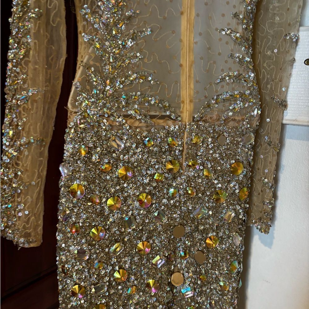 Royal queen rhinestone runway dress beaded bodycon sparkle crystal gems see thru - Picture 4 of 8
